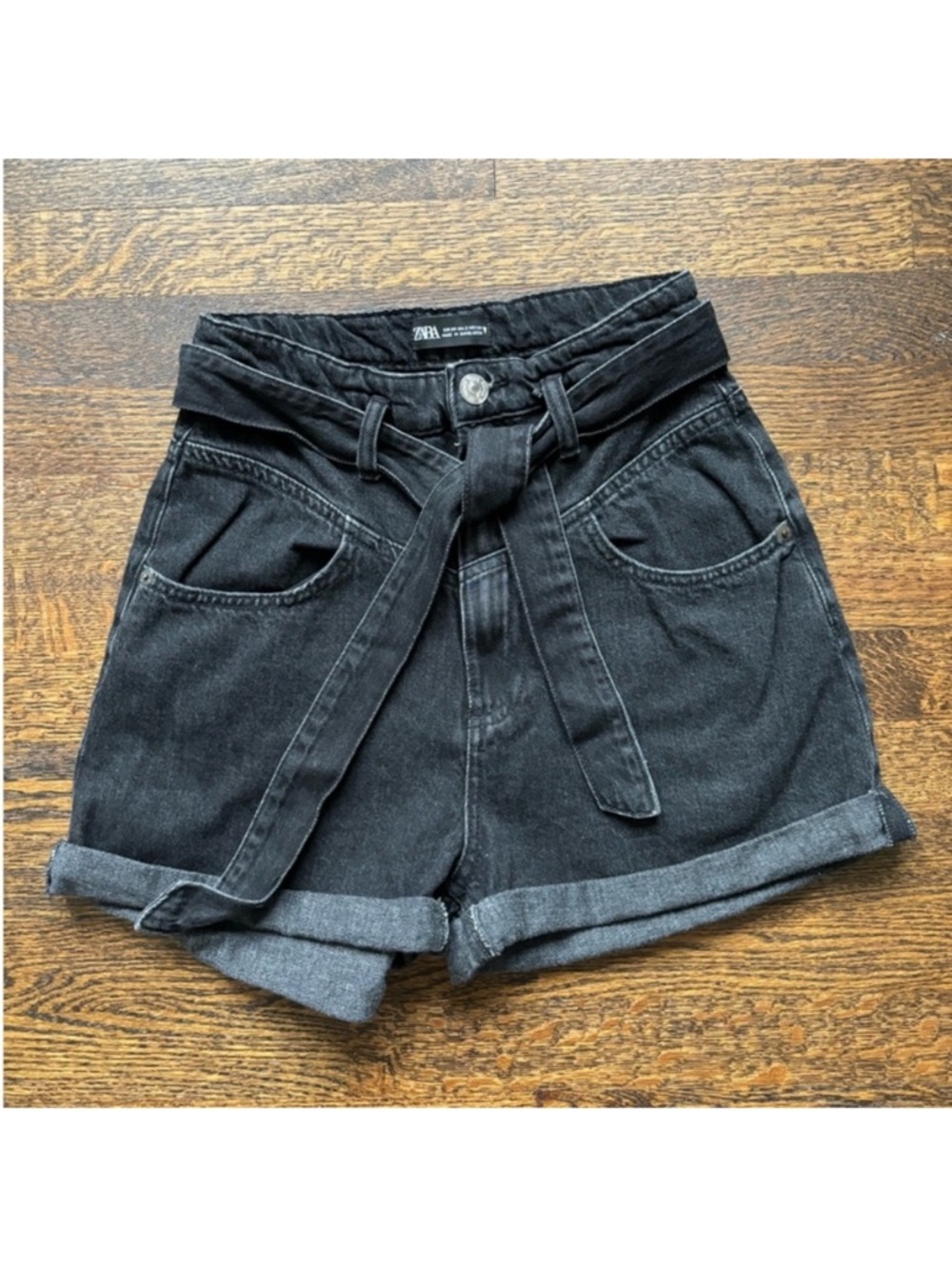 Zara High Waist Black Denim Belt, Tie Shorts. Size 2.